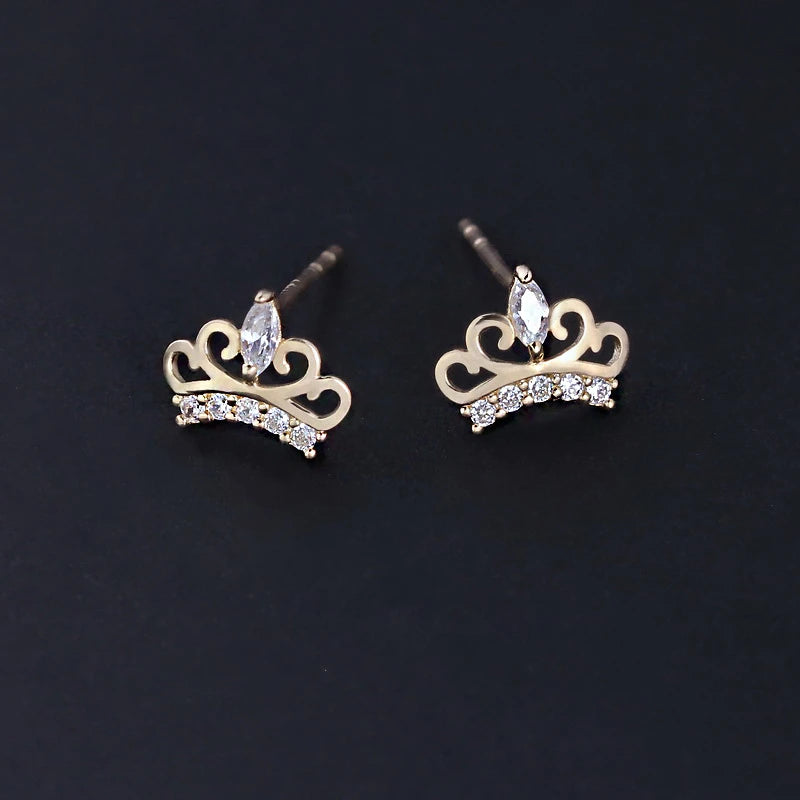 925 Silver Crown Zircon Stud Earrings Women Wedding Jewelry