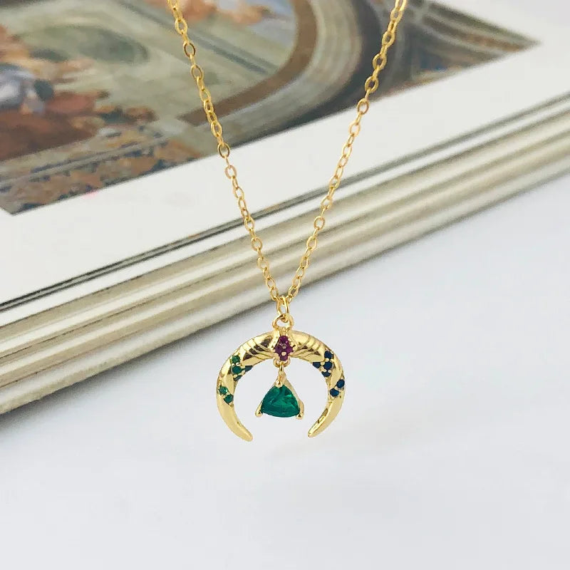 925 Silver Moon Necklace Vintage Green Crystal Pendant Wedding Gift
