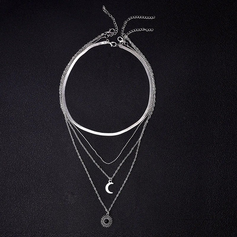 925 Silver Layer Necklace Round Moon Pendant Women Jewelry