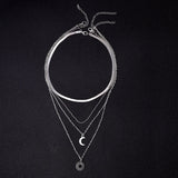 925 Silver Layer Necklace Round Moon Pendant Women Jewelry
