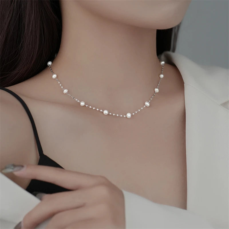 925 Silver Short Necklace Pearl Chain for Women