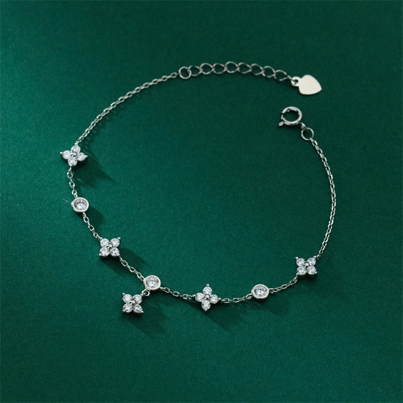 925 Silver Zircon 4-Leaf Flowers Bracelet Women Vintage Wedding Jewelry