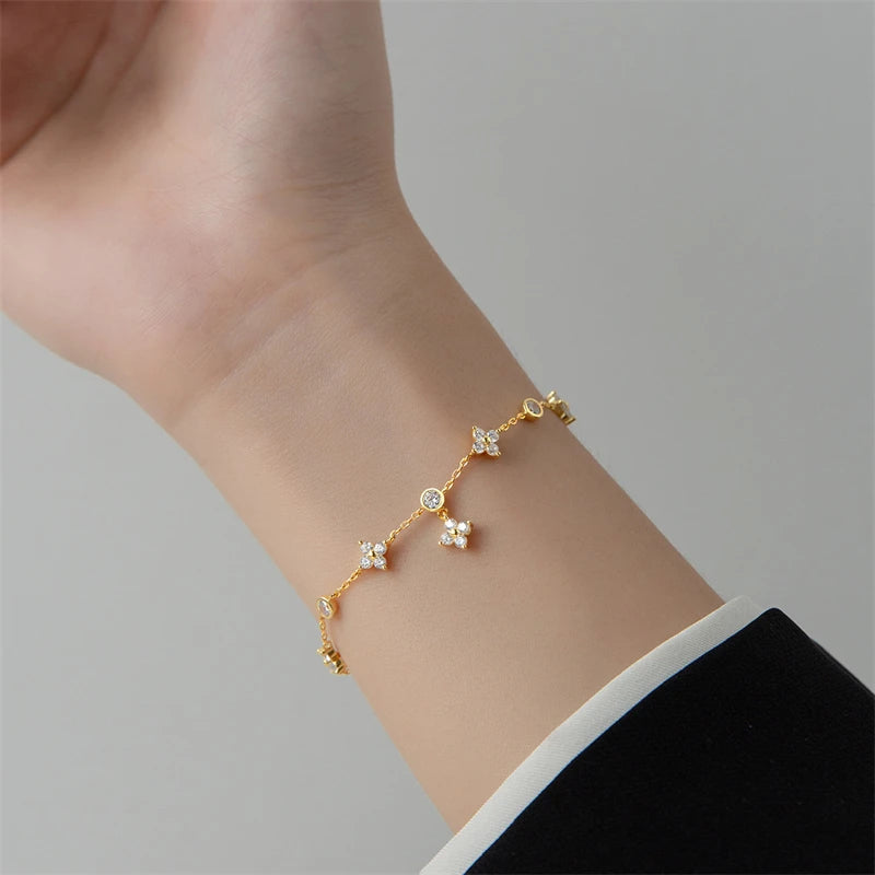 925 Silver Zircon 4-Leaf Flowers Bracelet Women Vintage Wedding Jewelry