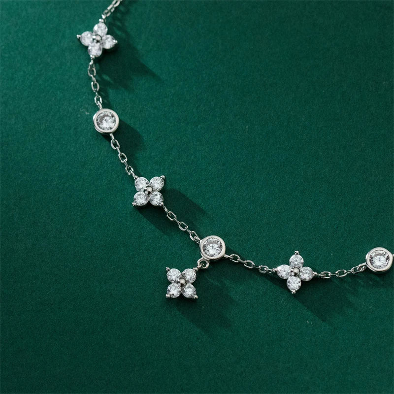 925 Silver Zircon 4-Leaf Flowers Bracelet Women Vintage Wedding Jewelry