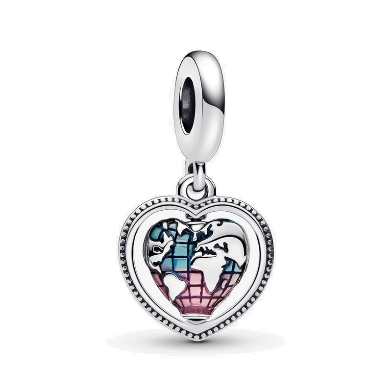 925 Silver Family Heart Globe Dangle Charm for S925 Bracelets