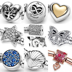 925 Silver Family Tree Heart Infinity Star Clasp Charm Bracelet Bangle
