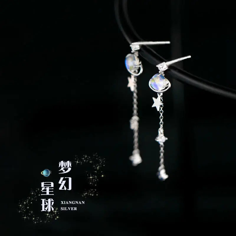 925 Silver Fantasy Planet Earrings Japanese Style INS Tidal Ear Jewelry