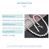 925 Sterling Silver 8MM Bead Necklace Women Wedding Jewelry
