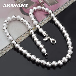 925 Sterling Silver 8MM Bead Necklace Women Wedding Jewelry