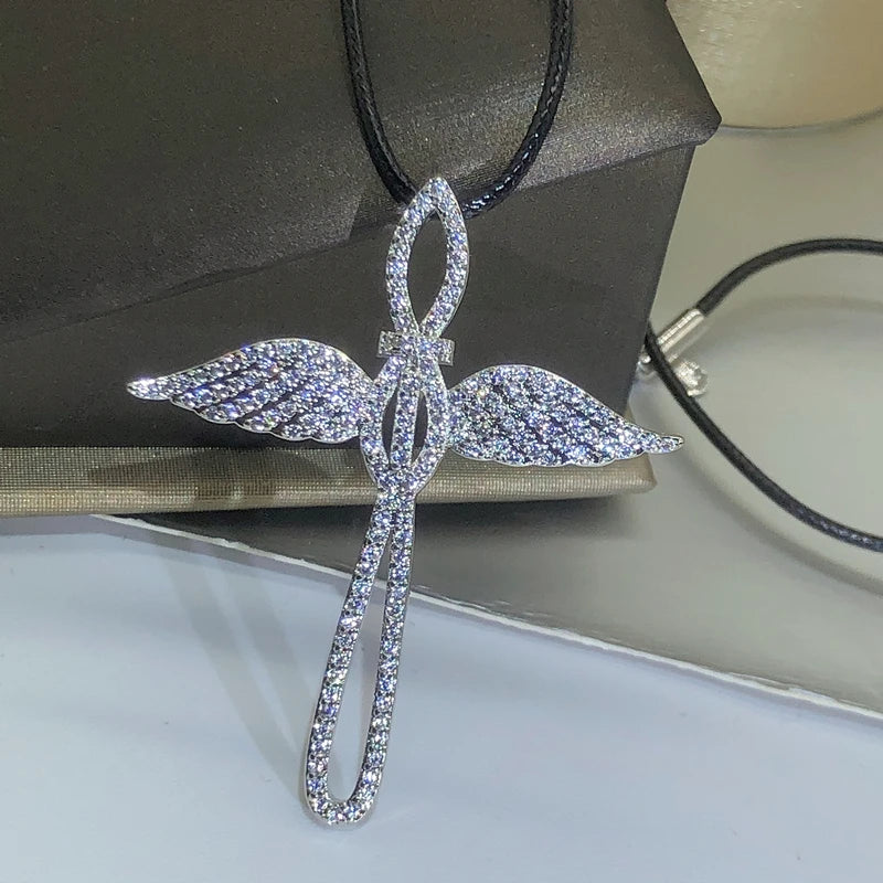 925 Silver Angel Cross Pendant Necklace Double Wings Gift