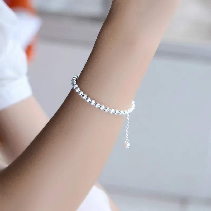 925 Silver Bracelet Matte Round Beads Jewelry Gift