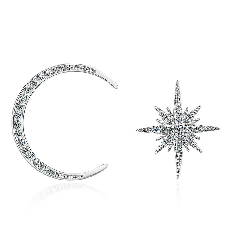 925 Silver Earrings Asymmetric Stars Moon Wedding Banquet Gift