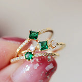 925 Silver Green Zircon Rings 14k Plated Emeralds Wedding Jewelry