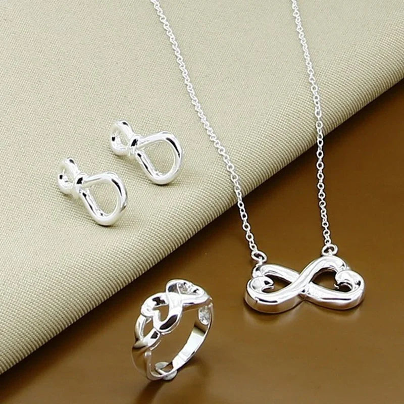 925 Silver Heart Necklace Earrings Rings Set for Women
