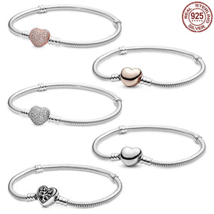 925 Silver Heart Snake Bone Chain Family Tree Bracelet for Charm Beads DIY