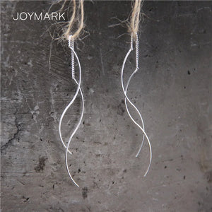 925 Silver Curve Ear Line Long Earrings Wave Tassel Dangle Drop Earrings
