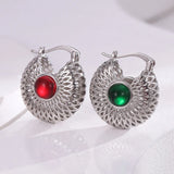 925 Silver Red Green Gemstone Hoop Earrings Women Hollow Round Ear Buckles