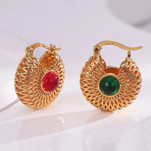 925 Silver Red Green Gemstone Hoop Earrings Women Hollow Round Ear Buckles