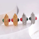 925 Silver Red Green Gemstone Hoop Earrings Women Hollow Round Ear Buckles