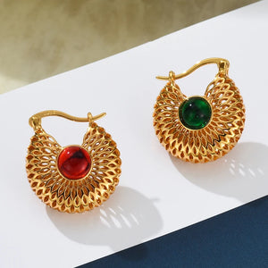 925 Silver Red Green Gemstone Hoop Earrings Women Hollow Round Ear Buckles