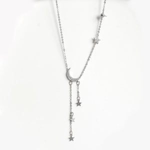 925 Silver Star Moon Tassel Necklace for Women Wedding Party Dress