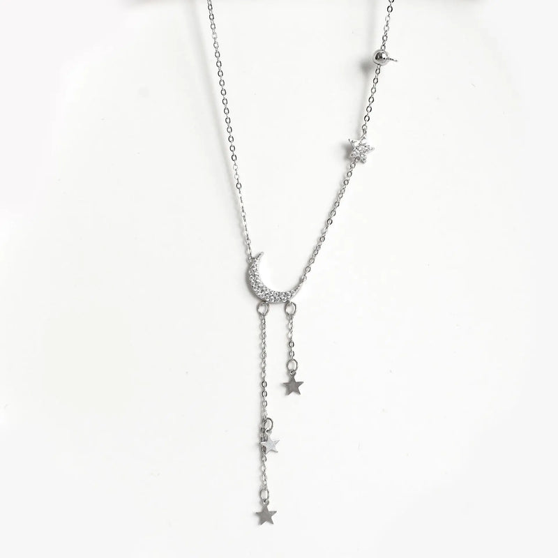 925 Silver Star Moon Tassel Necklace for Women Wedding Party Dress