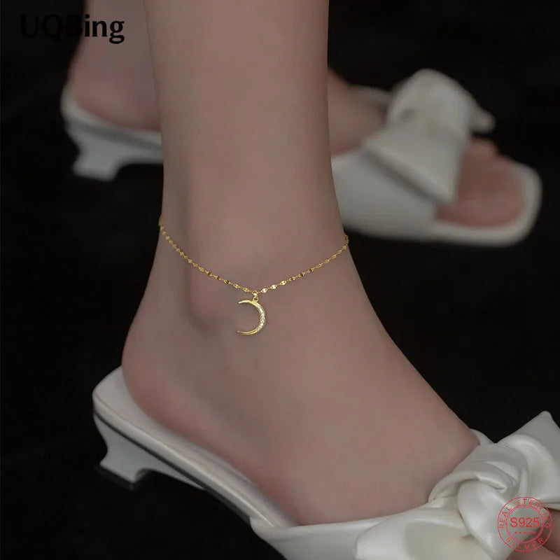 925 Silver Zircon Moon Charm Anklets, 18K Plated Foot Jewelry