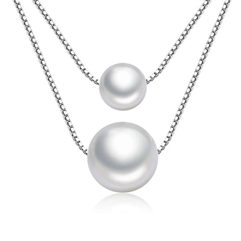 925 Silver Synthesis Pearl Double Layer Chain Necklace Wedding