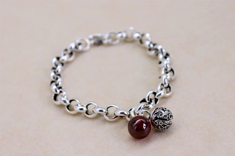 925 Silver Vintage Bell Red Stone Thai Charm Bracelet