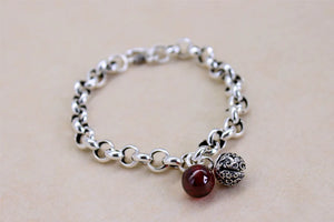 925 Silver Vintage Bell Red Stone Thai Charm Bracelet