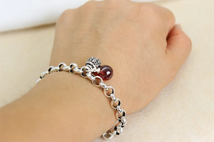 925 Silver Vintage Bell Red Stone Thai Charm Bracelet