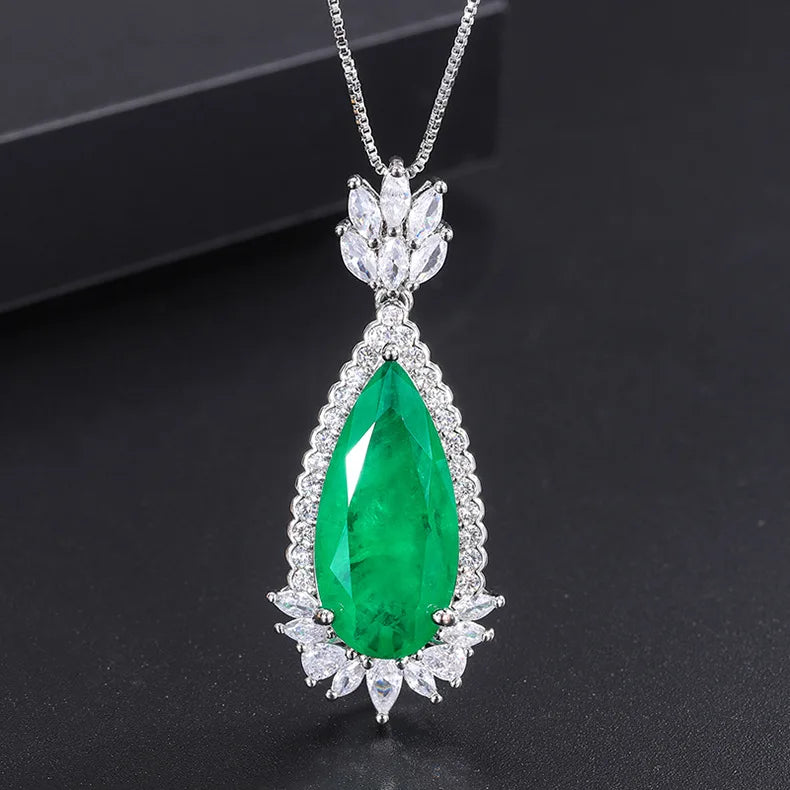 925 Silver Water Drop Pendant Necklace Women Paraiba Tourmaline Emerald Vintage