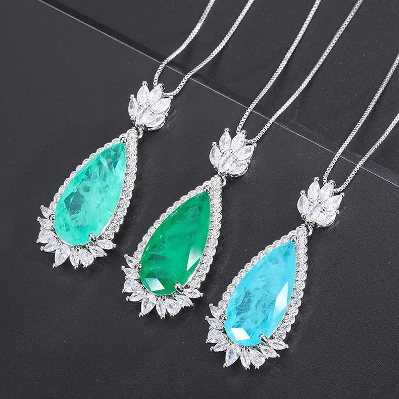 925 Silver Water Drop Pendant Necklace Women Paraiba Tourmaline Emerald Vintage