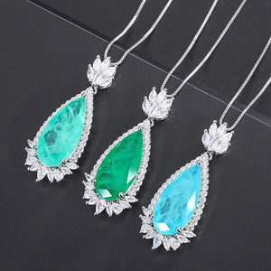 925 Silver Water Drop Pendant Necklace Women Paraiba Tourmaline Emerald Vintage