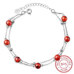 925 Silver Red Garnet Stone Double Layer Bracelet Gift Girls Lady