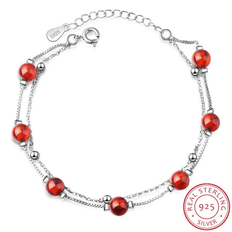 925 Silver Red Garnet Stone Double Layer Bracelet Gift Girls Lady