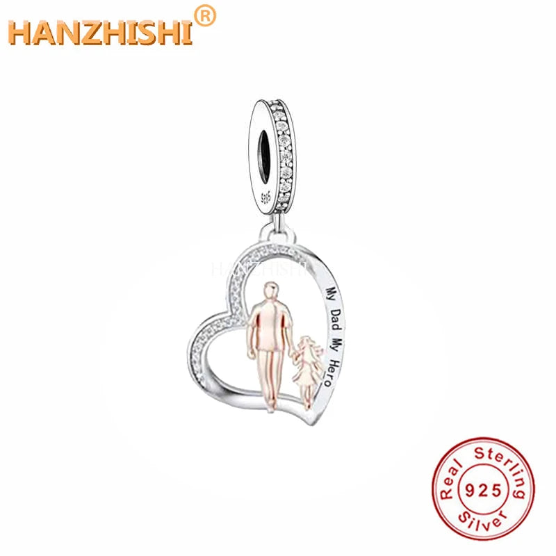 925 Silver Father & Child Heart Dangle Charms Beads for Bracelet Necklace