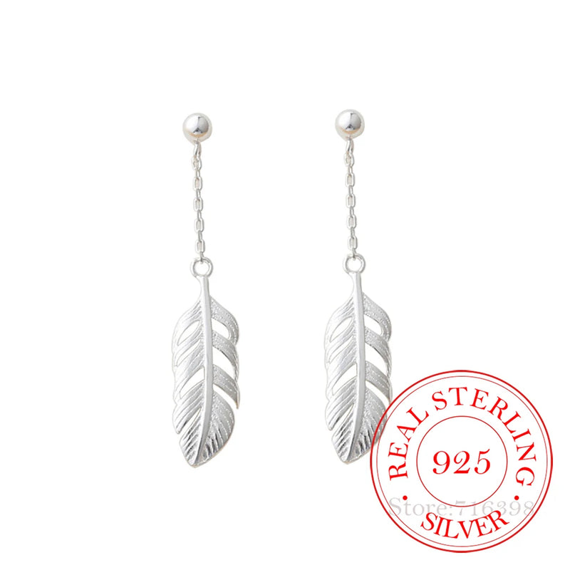 925 Silver Feather Charm Dangle Earrings for Women Girls