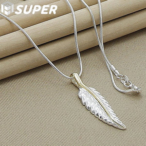 925 Silver Feather Pendant Necklace Snake Chain 18 Inch for Women