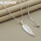 925 Silver Feather Pendant Necklace Snake Chain 18 Inch for Women