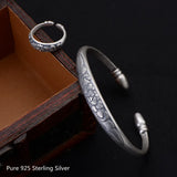925 Silver Ethnic Bangle Gray Peony National Jewelry for Women