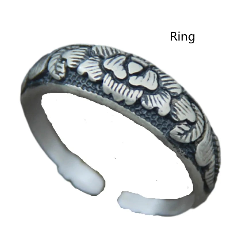 925 Silver Ethnic Bangle Gray Peony National Jewelry for Women