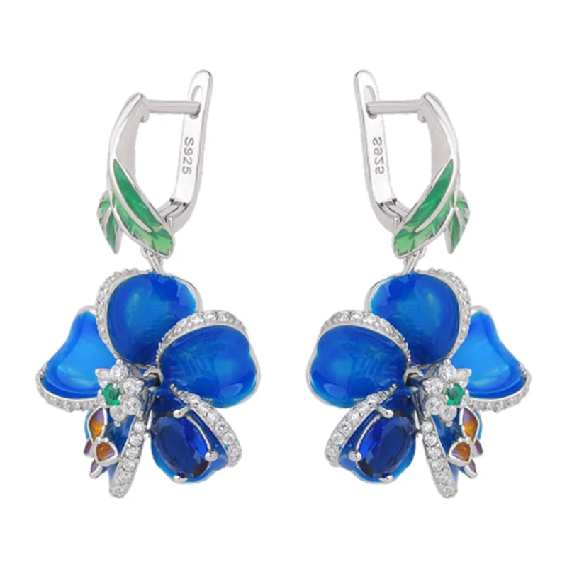 925 Silver Enamel Flower Earrings for Women Wedding Jewelry