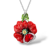 925 Sterling Silver Red Enamel Flower Pendant Necklace for Woman Girl