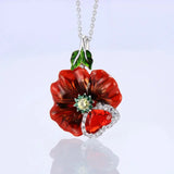 925 Sterling Silver Red Enamel Flower Pendant Necklace for Woman Girl