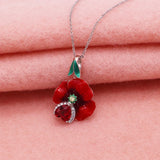 925 Sterling Silver Red Enamel Flower Pendant Necklace for Woman Girl