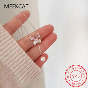 925 Silver Lady Rabbit Pearl Pendant Necklace Women Girls Fine Jewelry