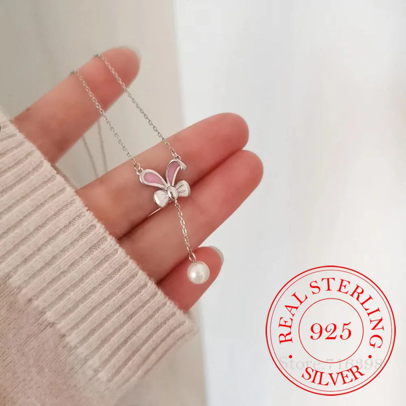 925 Silver Rabbit Pearl Pendant Necklace For Women