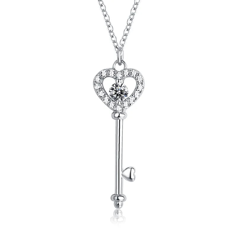 925 Silver Female Necklace Heart Key Pendant Jewelry