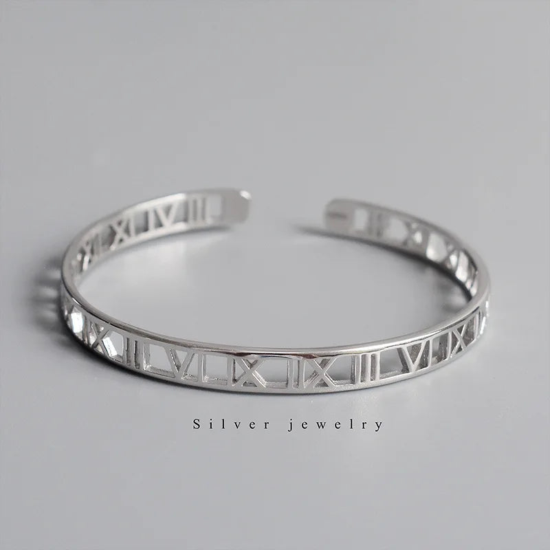 925 Silver Sweet Bangle Roman Numerals Open Bangle for Women